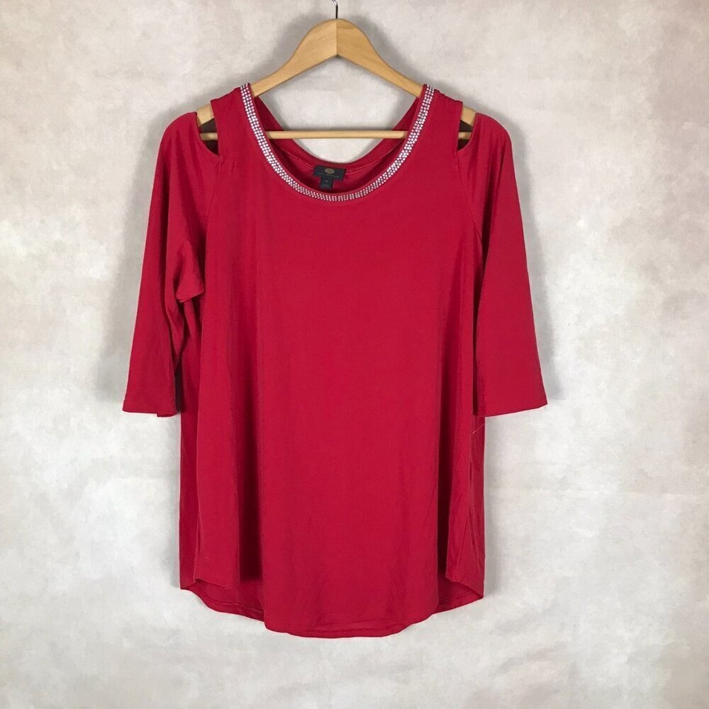JM COLLECTION Red Cold-Shoulder Studded Knit Top NEW 0X - Picture 13 of 14